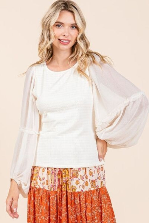 Mittoshop Mixed Media Textured Knit Chiffon Long Sleeve Top