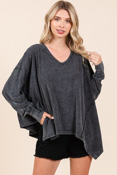 Mittoshop Mineral Wash V-Neck Long Sleeve Oversized Top