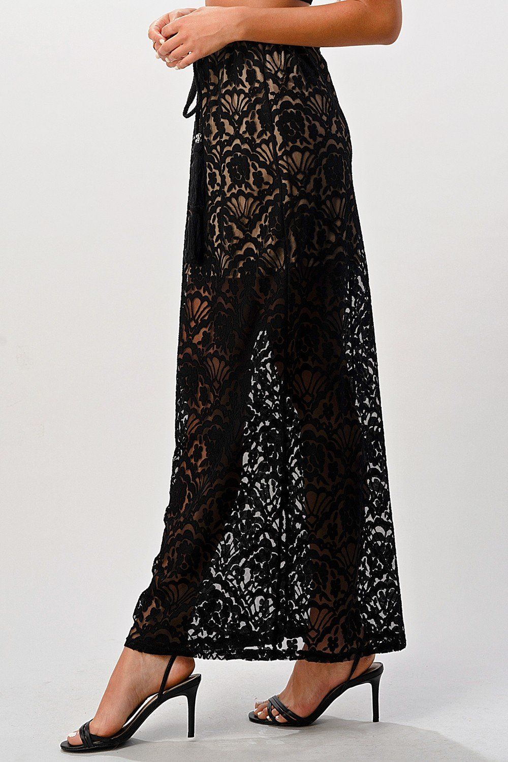 Sheer Lace Maxi Skirt with Drawstring Waist