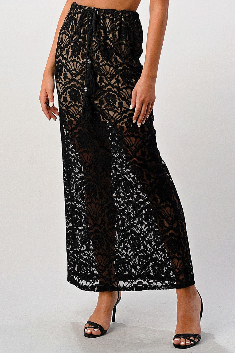 Sheer Lace Maxi Skirt with Drawstring Waist