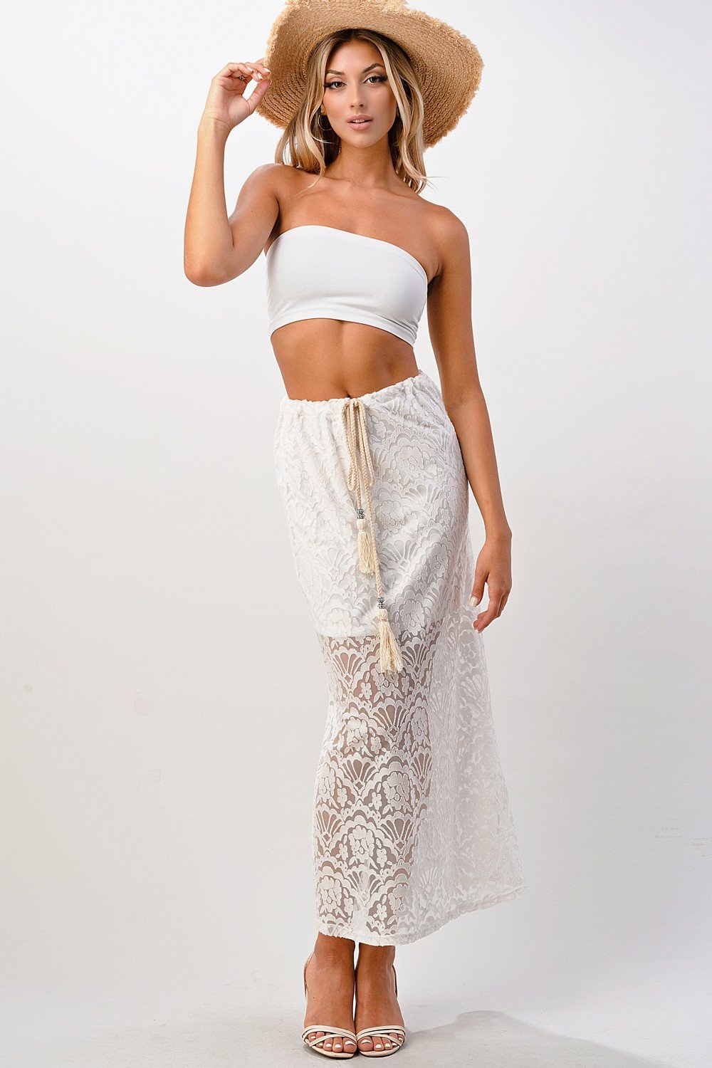 Sheer Lace Maxi Skirt with Drawstring Waist