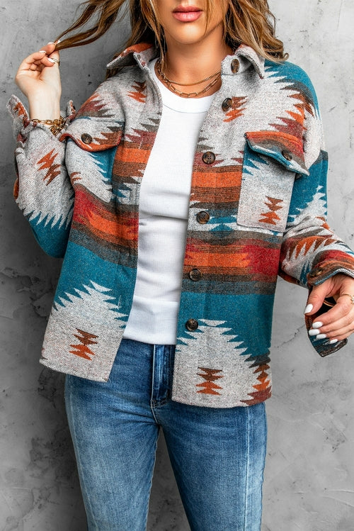 Distressed Aztec Lapel Shirt Jacket