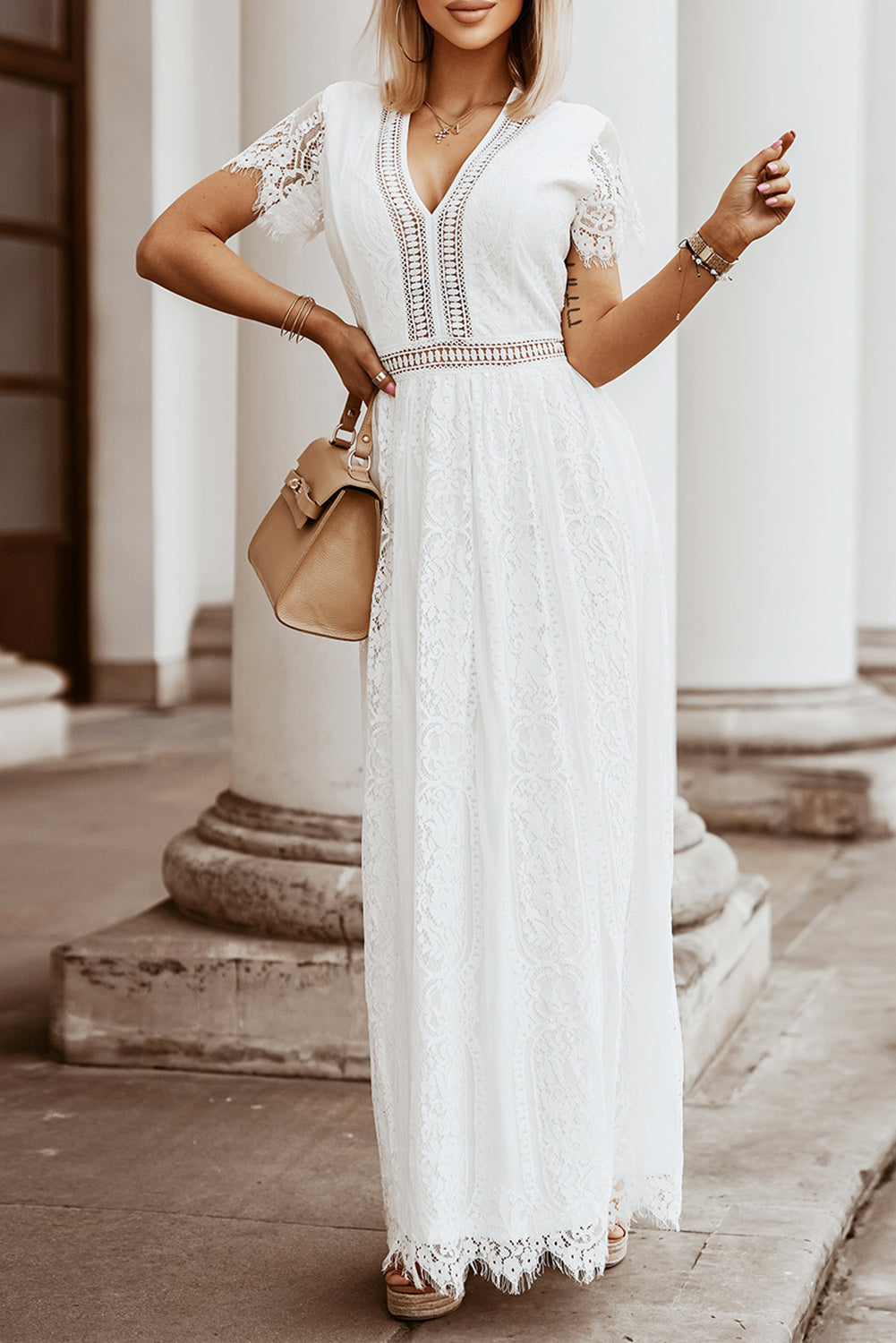 Elegant White Boho Lace Maxi Dresses