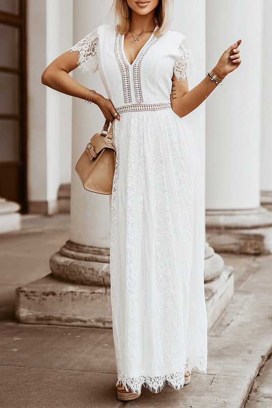 Elegant White Boho Lace Maxi Dresses