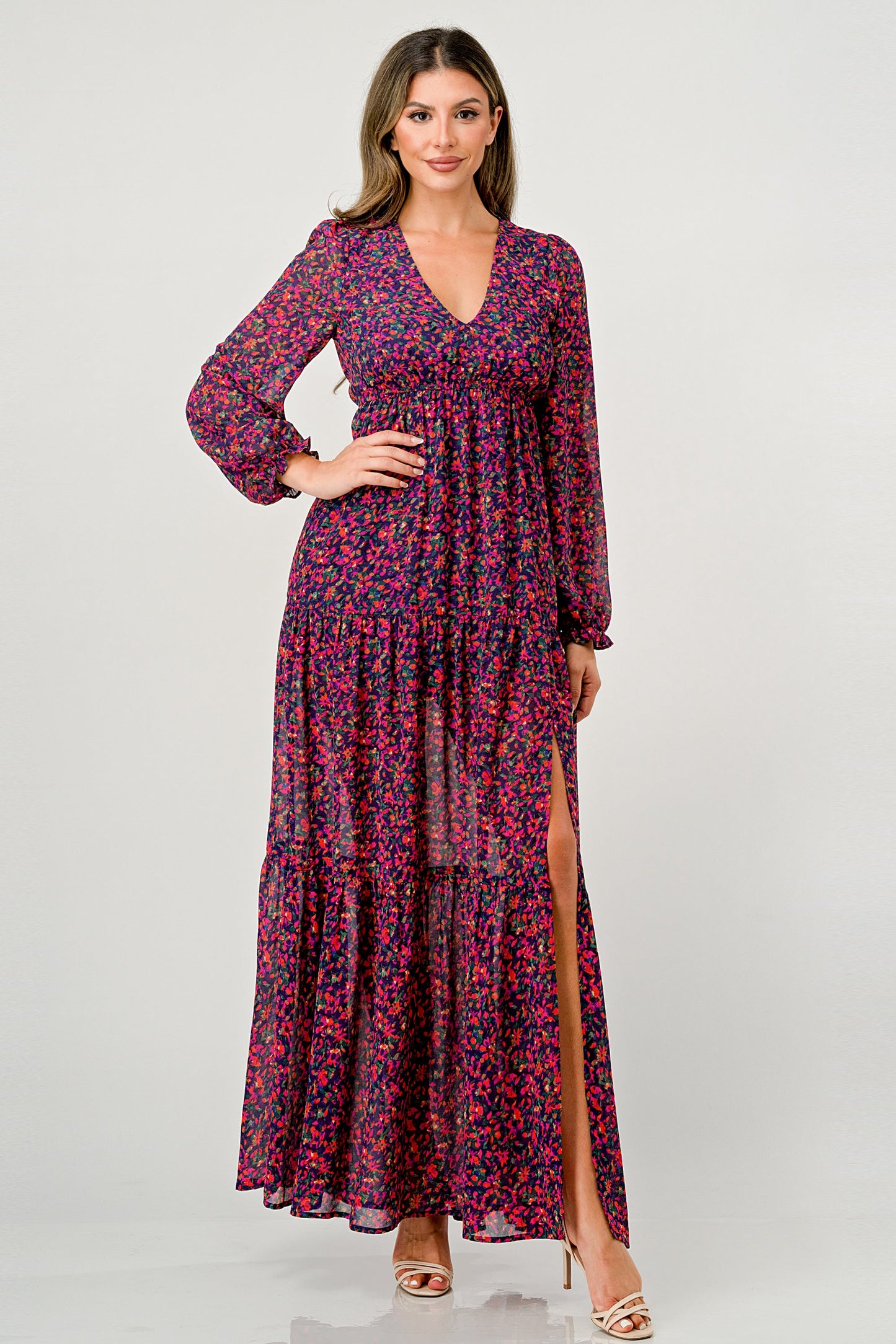 Floral V-Neck Long Sleeve Maxi Dress with Tiered Skirt and Side Slit