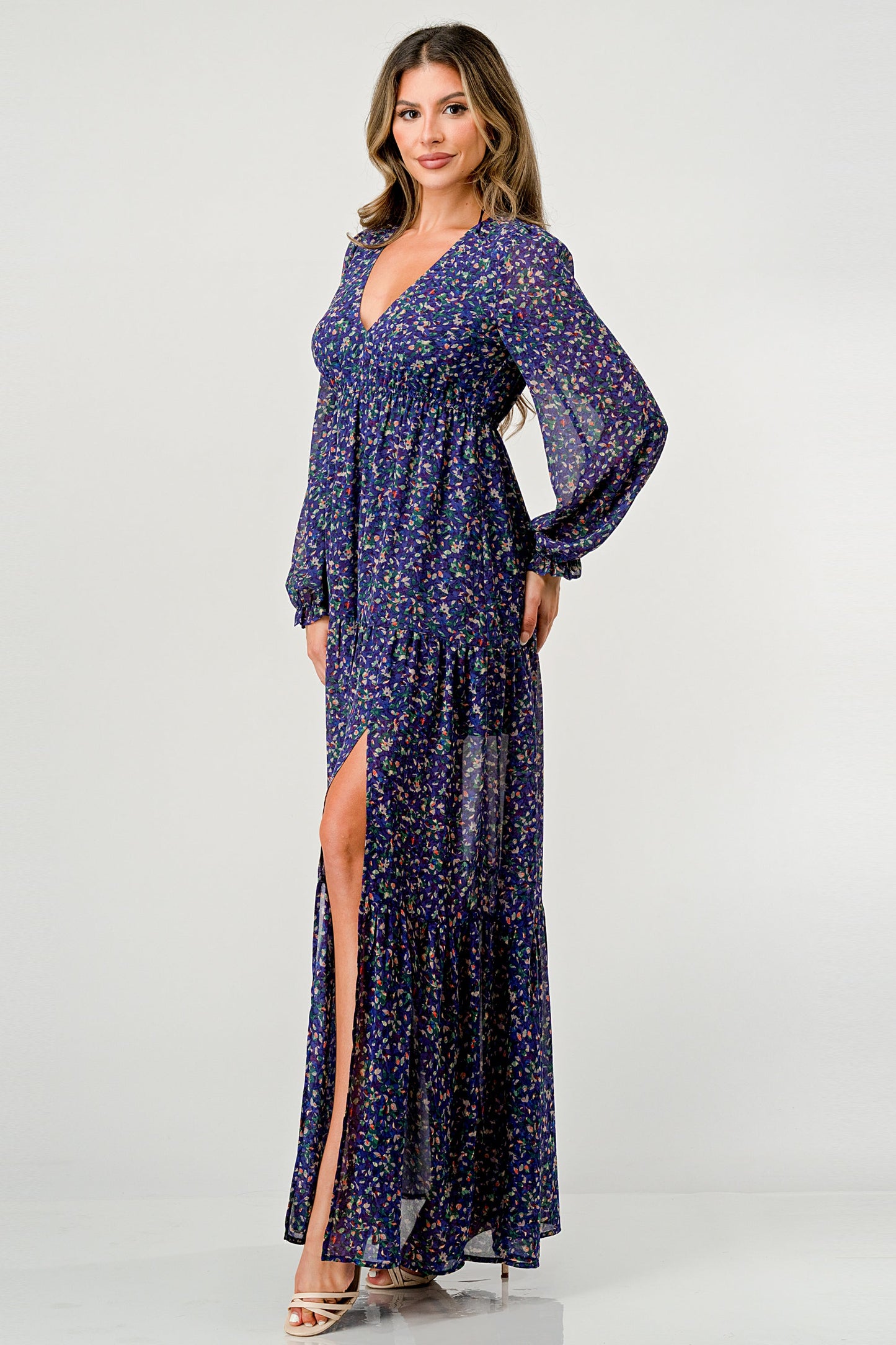 Floral V-Neck Long Sleeve Maxi Dress with Tiered Skirt and Side Slit