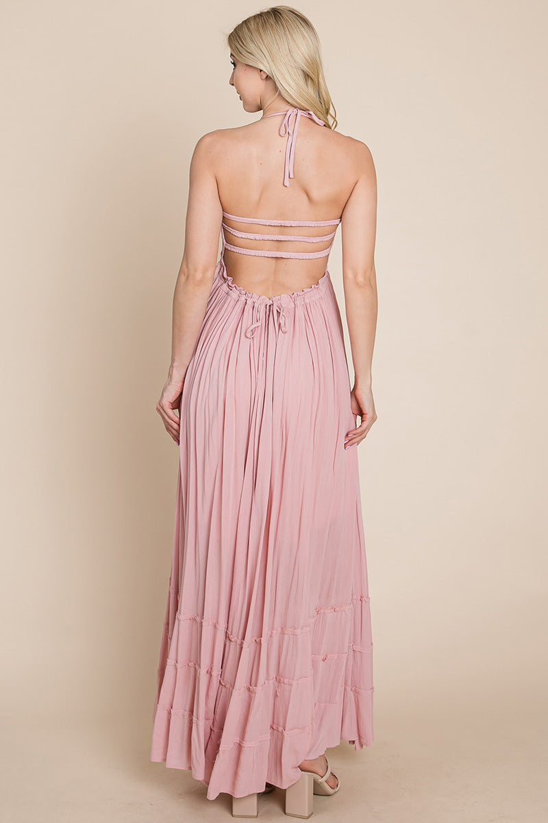 Smocked Flowy Boho Pleated Backless Maxi Dress