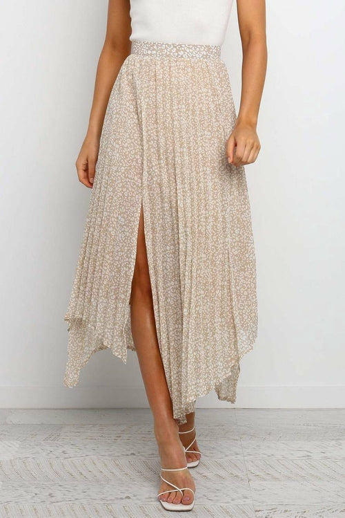 Fashion Print Side Slit Pleated Maxi Skirt