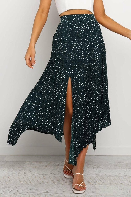 Fashion Print Side Slit Pleated Maxi Skirt