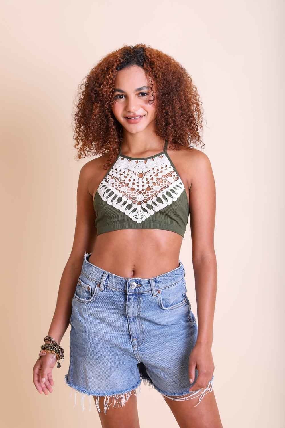 Crochet Lace High Neck Bralette – Halter Style with Cross-Back