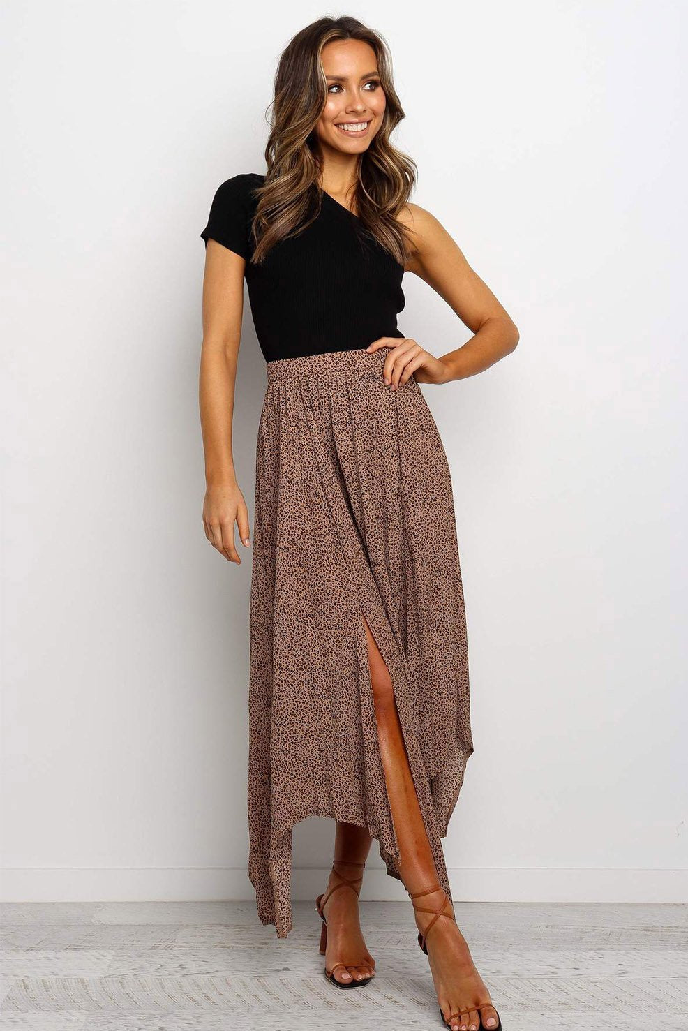 Fashion Print Side Slit Pleated Maxi Skirt