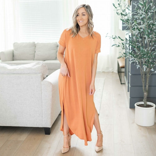 Viscose Side Slit V-neck Short Sleeve Maxi Dress