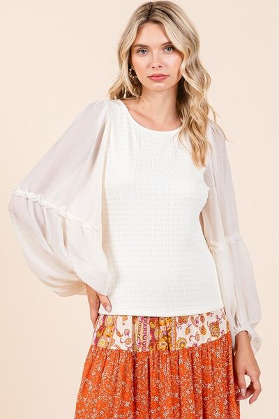 Mittoshop Mixed Media Textured Knit Chiffon Long Sleeve Top