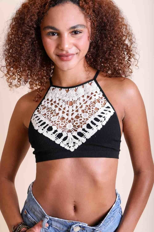 Crochet Lace High Neck Bralette – Halter Style with Cross-Back