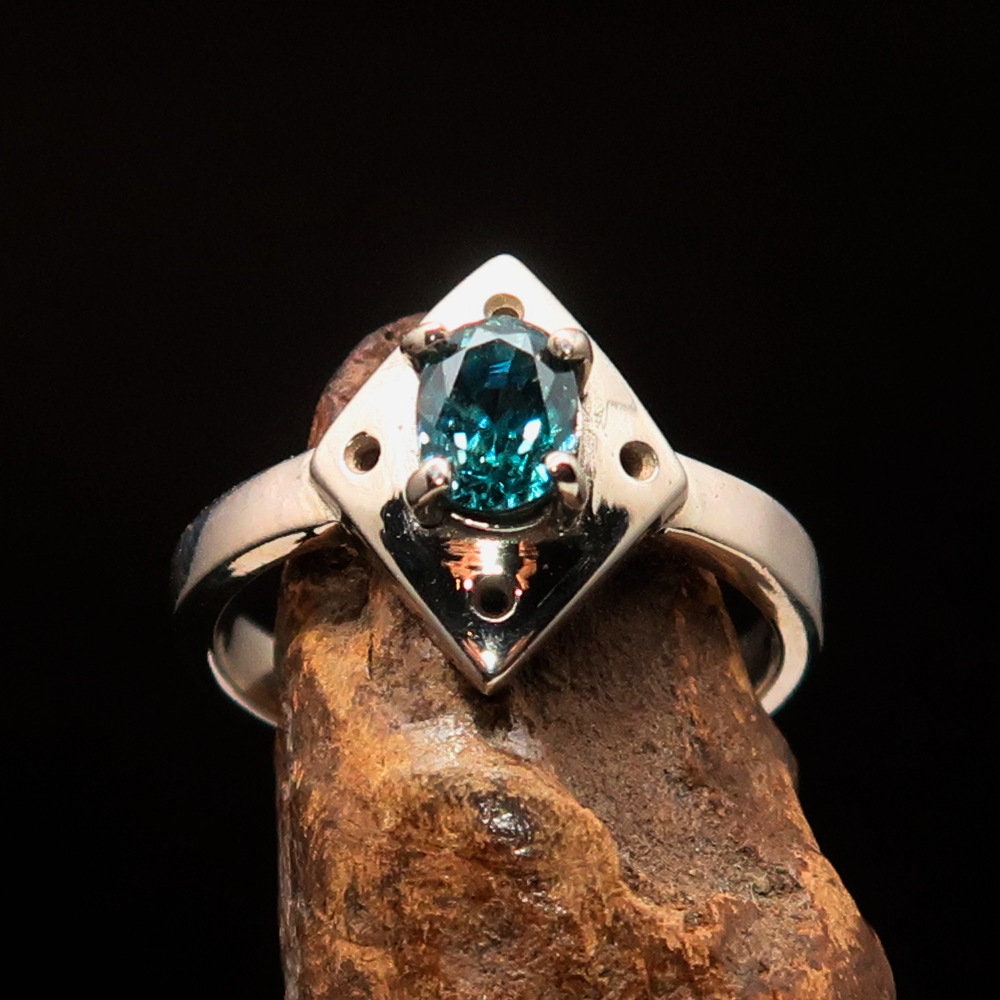 Natural Blue Zircon Ring, handmade silver ring, Diamond shaped